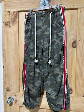 Camo Drawstring Jogger Pants with Red Side Stripe - Women’s